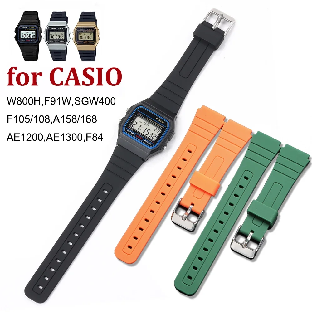 Silicone Watch Strap for CASIO F91W W-800H 18mm for W800H SGW400 F91W F84 F105/108 A158/168 AE1200/1300 Soft Men Wrist Bracelet
