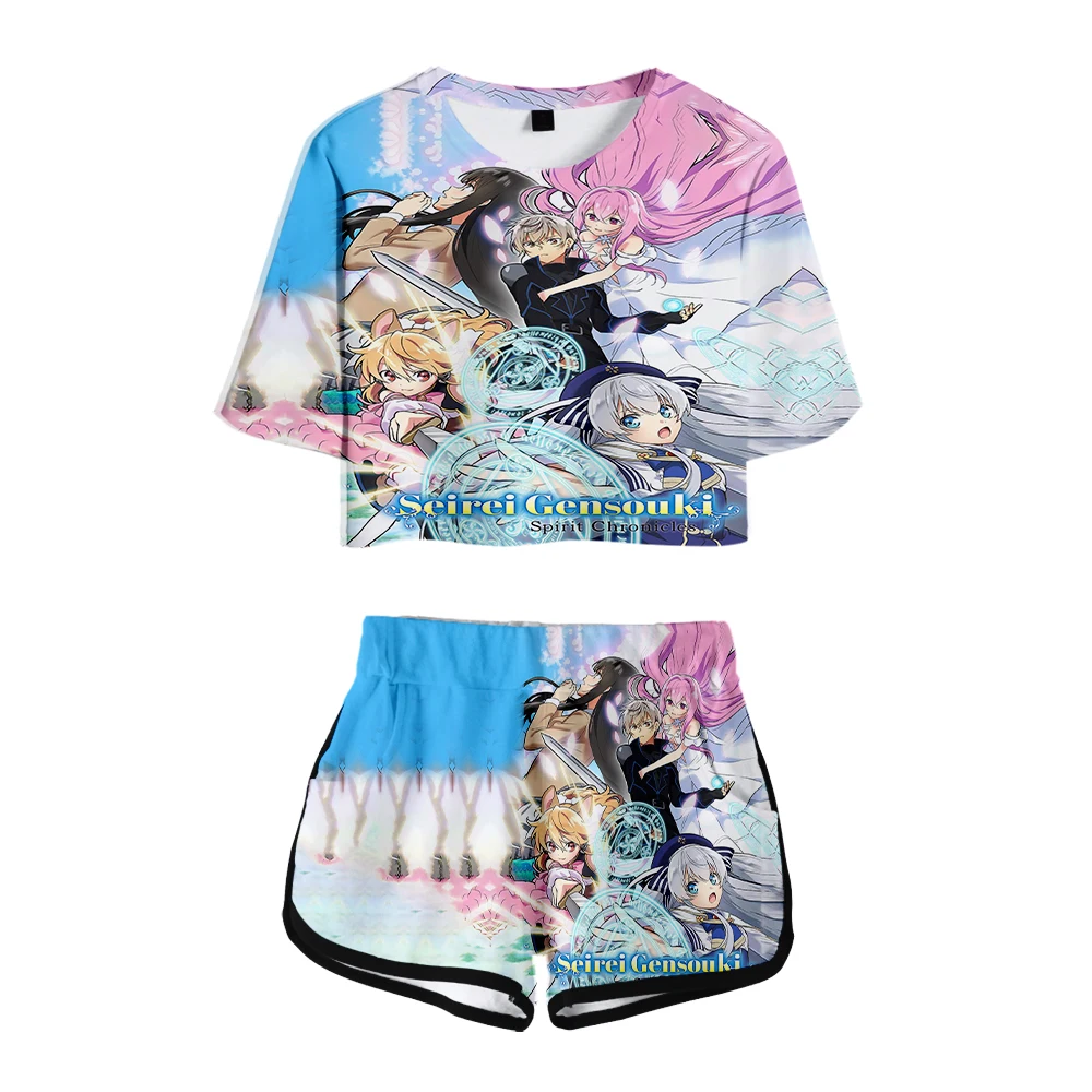 Seirei Gensouki Spirit pemotong midriff-baring set dicetak kawaii anime kaus pendek gym set celana streetwear wanita