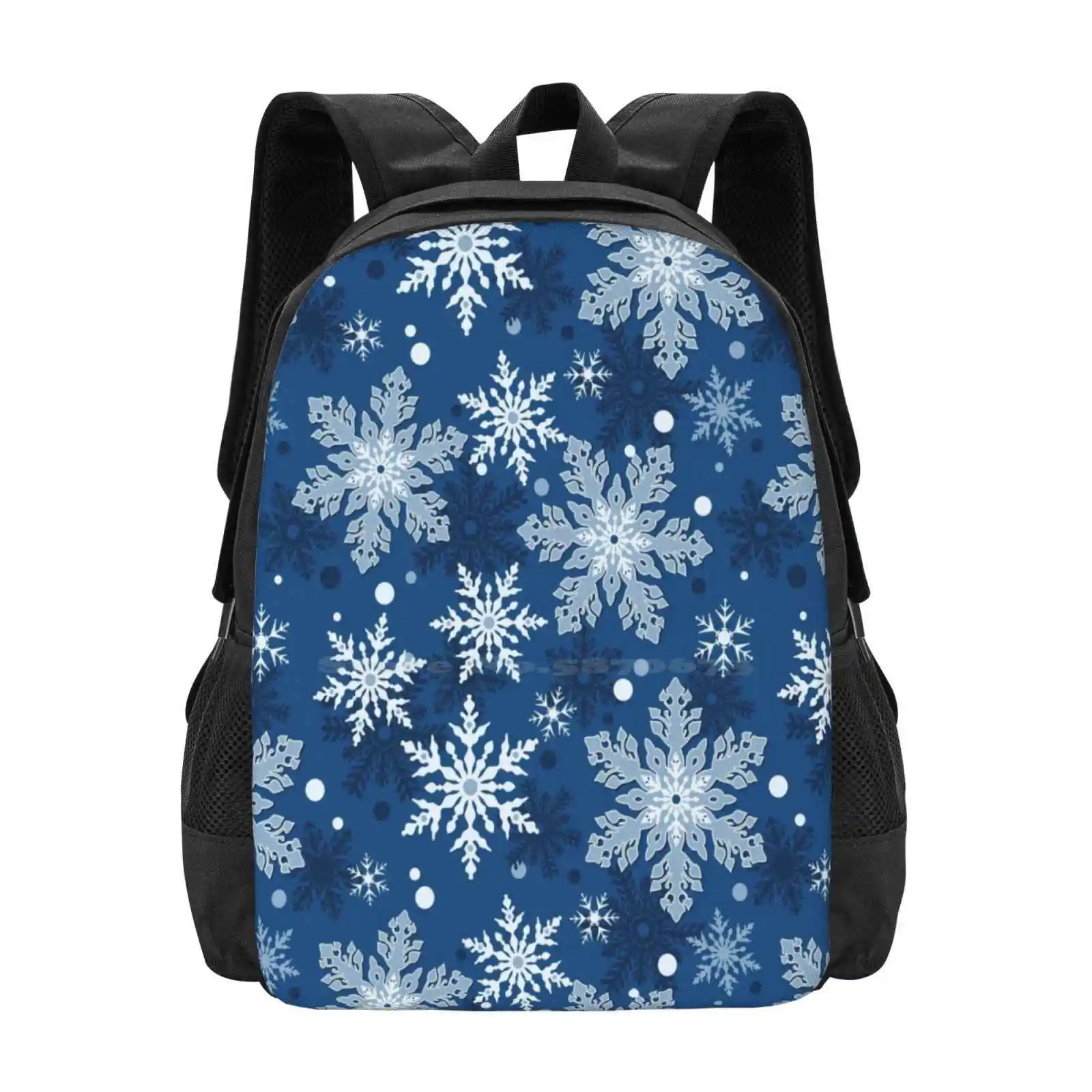 Whimsical Classic Blue Snowflake Pattern Winter Pattern Design Bagpack School Bags Unique Navy Blue Snowflake White Snowflake