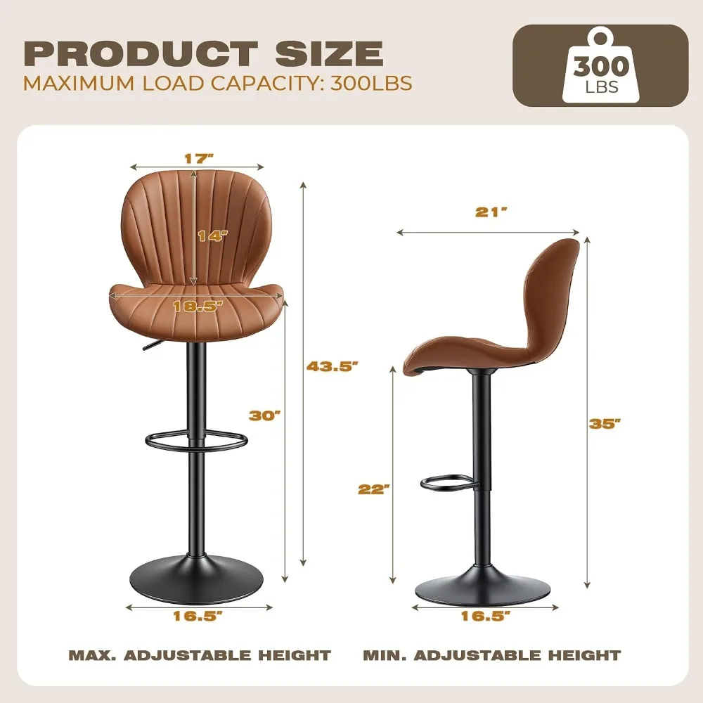 Bar Stools Set of 4 Swivel Adjustable Counter Height Faux Leather with Backrest Brown