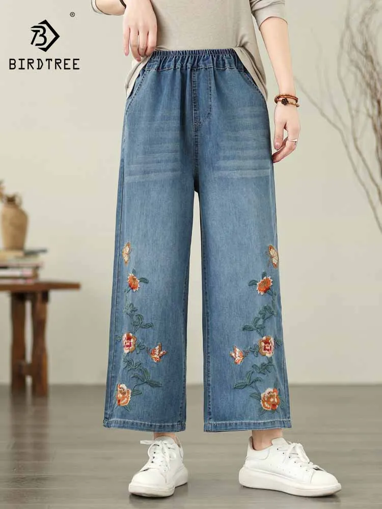 

New 2025 Summer Denim Cotton Jeans, Women Elastic Waist Floral Embroidery, Mori Girl Vintage Loose Wide Leg Trousers B57627CC