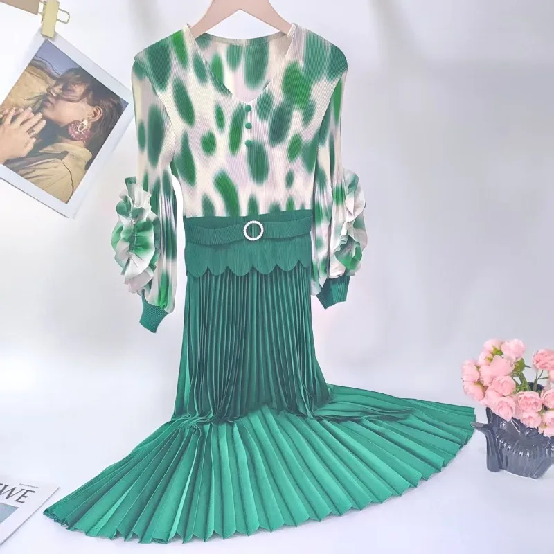 

Miyake плиссированное платье с принтом тай-дай, осеннее новое лоскутное платье, элегантное модное платье со складками и рукавами, женская одежда в складку