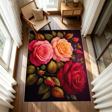Vintage Realistic Rose Floral Square Carpet Non-Slip Floor Mat, Suitable for Living Room, Bedroom, and Home Interior Decoration