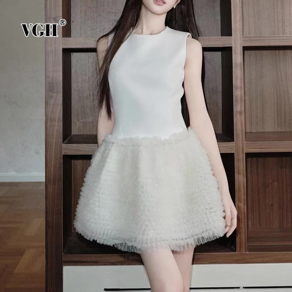 

VGH Solid Elegant Slimming Short Dresses For Women Round Neck Sleeveless High Waist Summer Party Cute Dress Female Fashion New