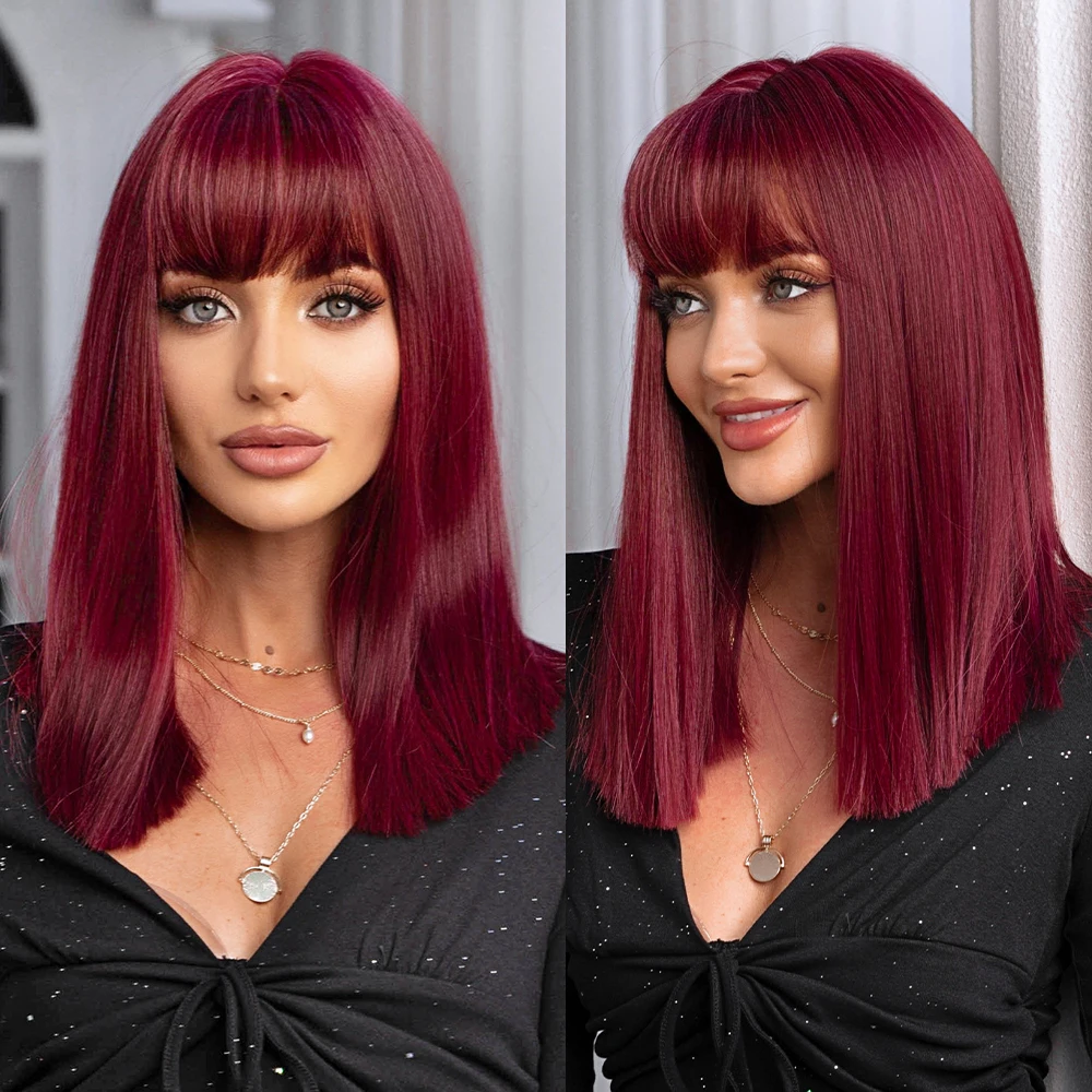 

Medium Dark Red Synthetic Wigs Mid-Length Straight Hair Wig with Bangs for Black Women Natural Cosplay Party Heat Resistant Wigs