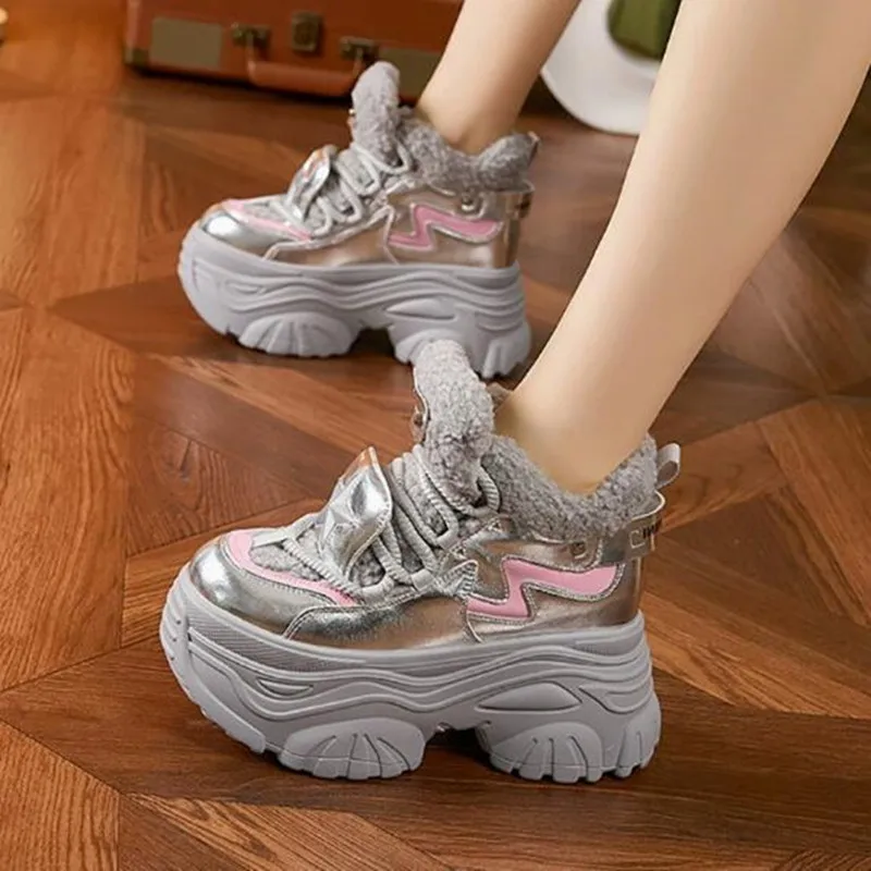 

Fashion 9CM Winter Increased Height Warm Shoes for Women High Platform Thicken Sneakers Trendy Leather Chunky Shoe High Booties