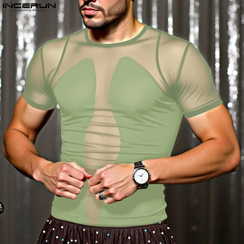 

Summer Men T Shirt Mesh Patchwork O-neck Short Sleeve Tee Tops Men Streetwear See Through Sexy 2025 Fashion Men Clothing INCERUN
