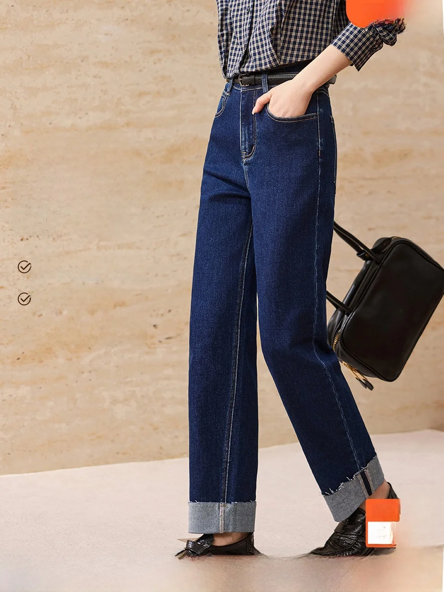 

Easy Wear Color Block High Waist Cotton Straight Leg Jeans Spring Season Ladies Fashion Casual Washed Egg Roll Cuff Slim Fit