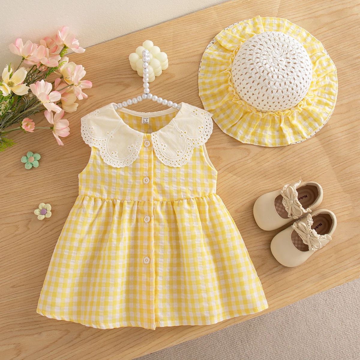 Summer Sweet Lapel Sleeveless Plaid Baby Girl Dress Send a Hat Korean Style Cotton Comfortable Lovely Toddler Dress