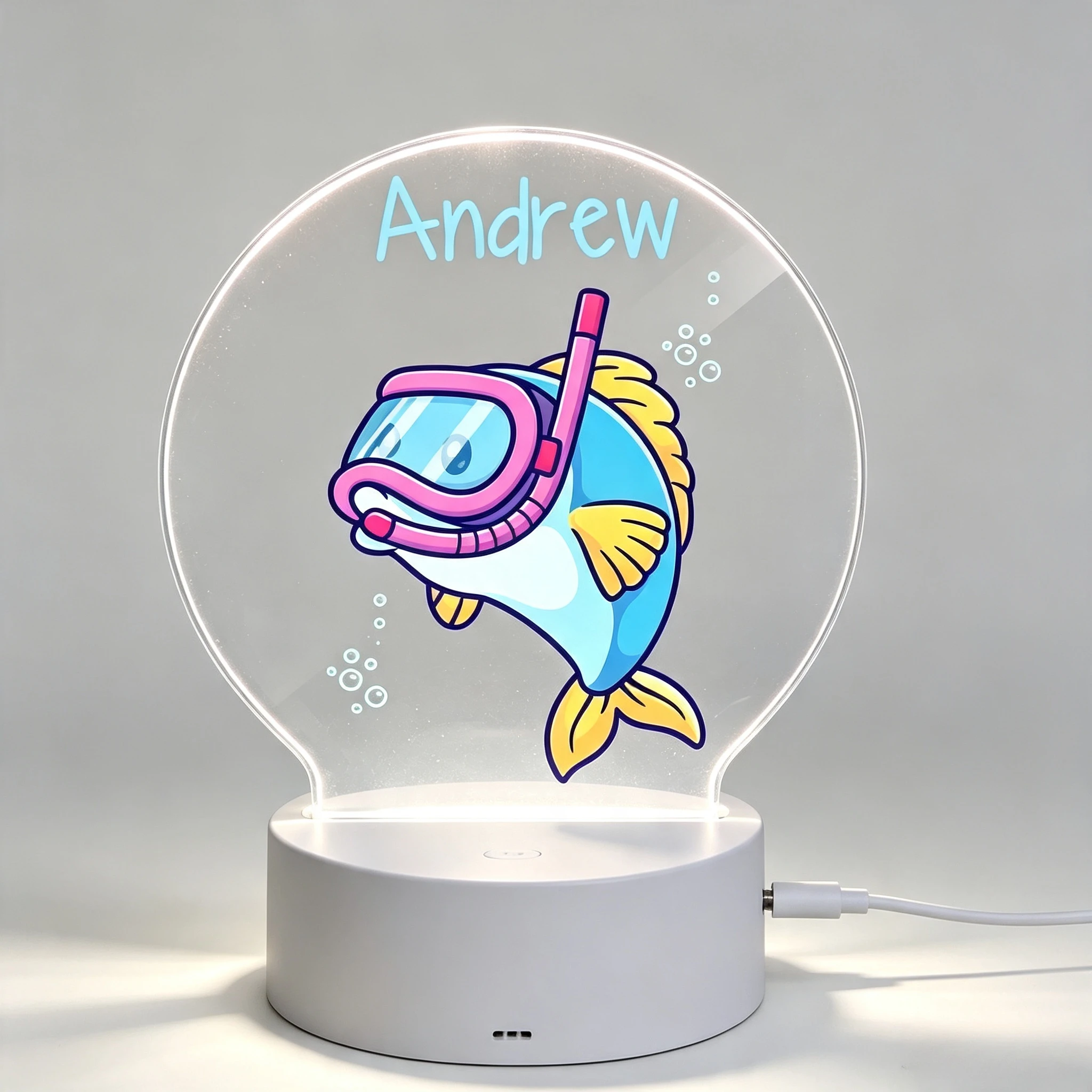 Cute Underwater Snorkel Fish Custom Name Acrylic Nightlight Bedside Lamp,Personalized Name Cartoon Snorkeling Fish Round Acrylic LED Night Light