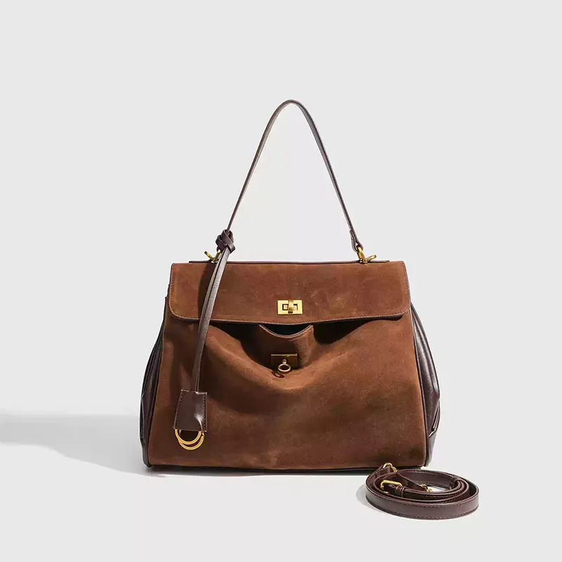 Luxury Brand Women Messenger Bags Soft Leather Brown Suede Hand Held Totes Gold Buckle Women Shoulder Bags Lady Trend Satchel