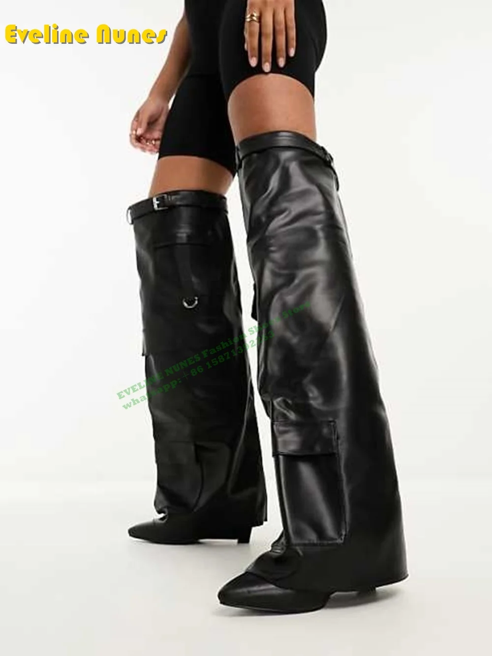 Red Pocket Belt Buckle Over The Knee High Boots 2024 New Style Runway Show Pointed Toe Wedges Sexy Plus Size Women Trouser Boots