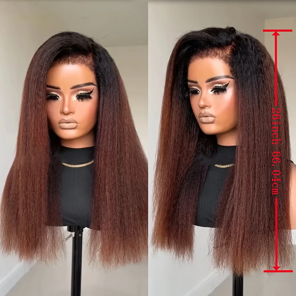 أومبير براون لينة 26 "طويل غريب مستقيم ياكي قبل قطعها 180 الكثافة الدانتيل شعر مستعار أمامي الاصطناعية للنساء مقاومة للحرارة غلويليس