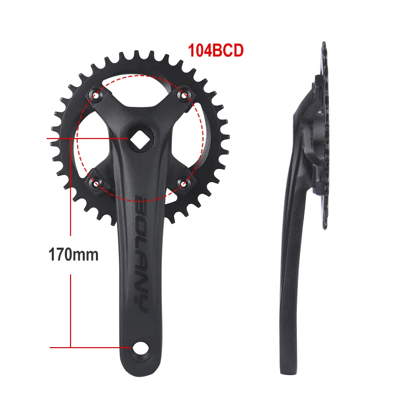 BOLANY Bike Crank Chainwheel 32T 34T 36T Chainring 104BCD Mountain Bike Square Hole Crankset with Bottom Bracket 170mm Crank