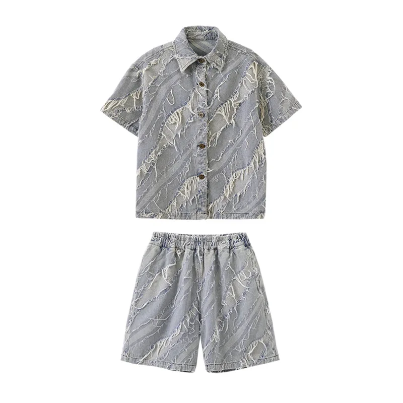 キッズ向けニューヒップホップストリートダンス服 グレーデニムベスト ショートパンツ Tシャツ 男の子 女の子 ジャズパフォーマンスコスチューム ティーンステージ衣装