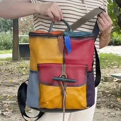 Zaino patchwork in pelle colorata Borsa stile secchiello vintage per donna