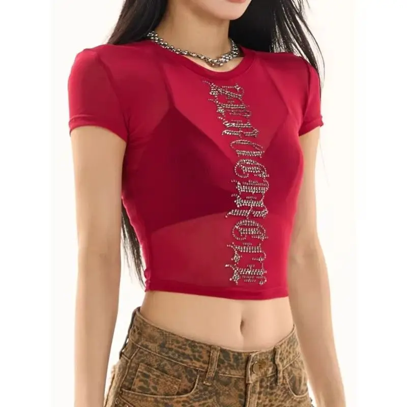 

Harajuku Letter Hot Diamond Shirts for Women Clothes Street Hip Hop Vintage Goth Graphic T Shirts Sexy Women Clothing Y2K Tops