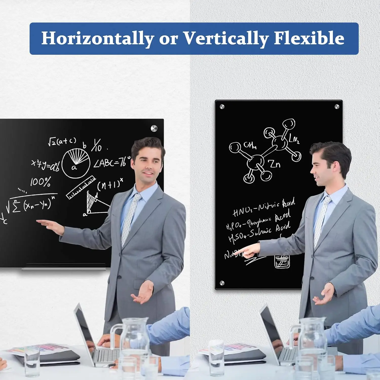 Placa magnética de vidro preto de 36 x 24 polegadas com bandeja de caneta e ímãs para escritório, escola e casa