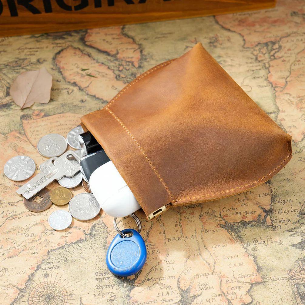 

Genuine Leather Small Coin Purse Automatic Closure Card Holder Retro Storage Bag Crazy Horse Leather Key Case Cute Purse Bag