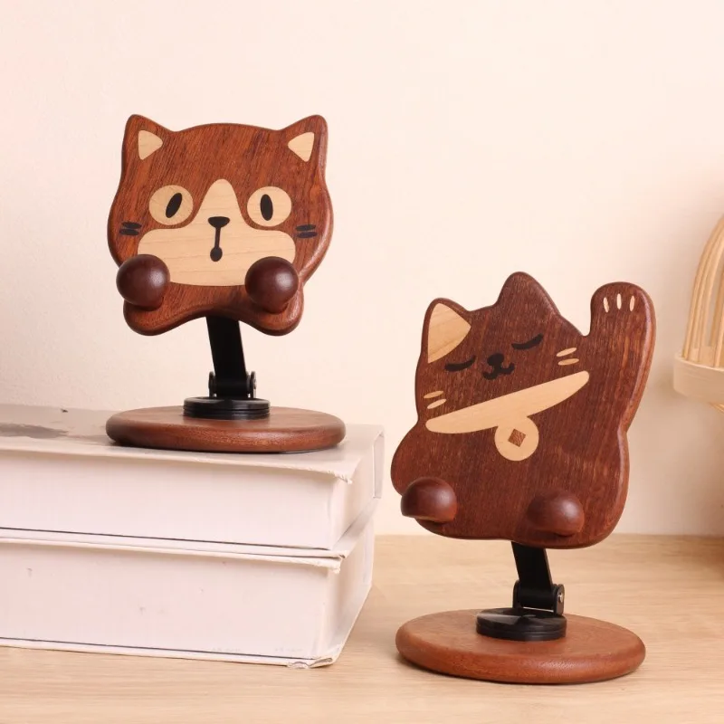 Creative Wood Cute Cat Tablet Phone Stand Hot Spring Theme Desktop Ornaments Office Workstation Lazy God Tool  Cat Gifts Crafts