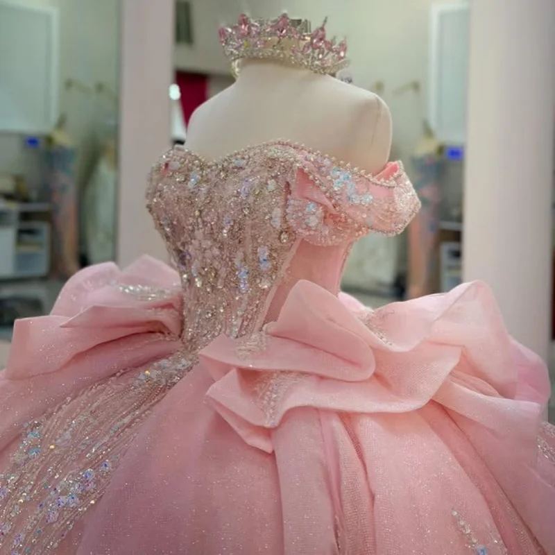 

Pink Quinceanera Dresses off-shoulder Decal Crystal Glitter Layering Long tail Bow Vestido De 15 Quinceanera Customize