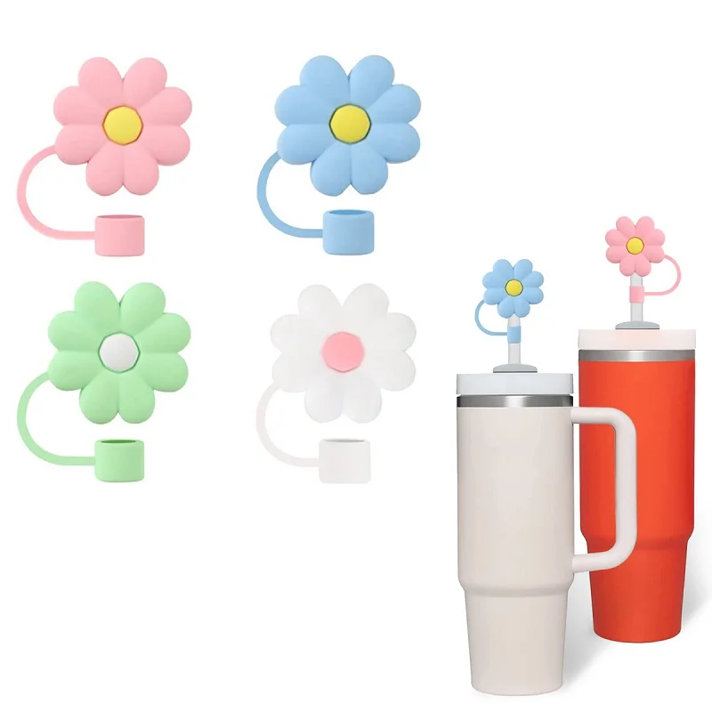 

4Pcs Glass Straw Cap Silicone Dust Cover Cute Flower-shape Series Creative Reusable Straw Dust Spill Stopper Adorable Decorative