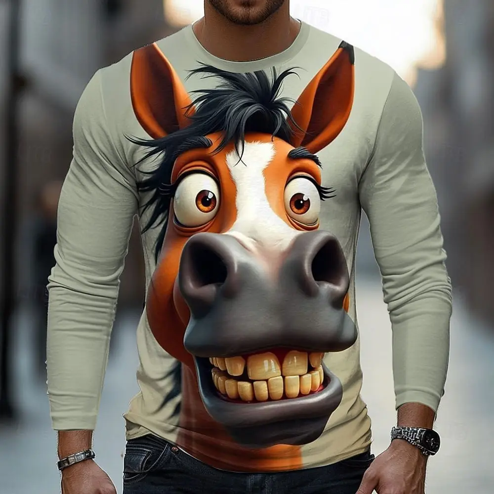 

Funny Animal Graphic T-shirt Spring Autumn Print Long Sleeve T-shirts Daily Casual Round Neck Tee Funny Face Tops Street Clothes