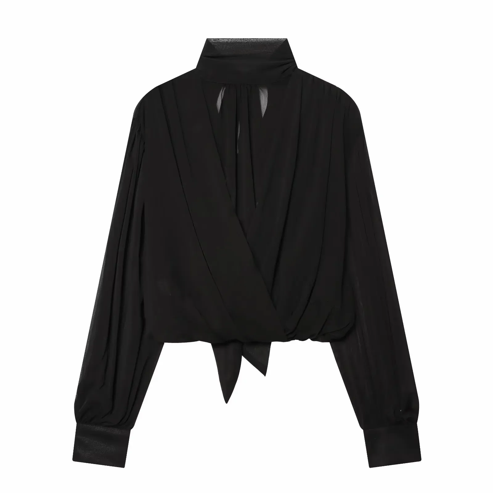 Damen Perspektiv-Hemden und -Tops: Modische, lockere, langärmelige, elegante Frühlingsblusen mit schickem Stehkragen für Frauen – Detail 3