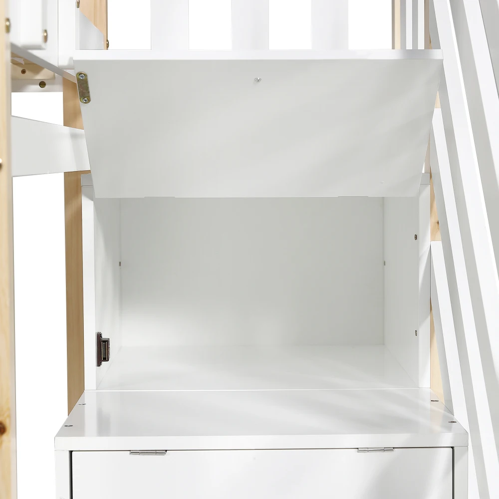 PINGGO Naturweißes Holzhausbett 90x200+90x190cm Kinder-Etagenbett mit Rutsche, Treppe, 3 Schubladen, Sicherheitsgeländer, ohne Matratze – Detail 23