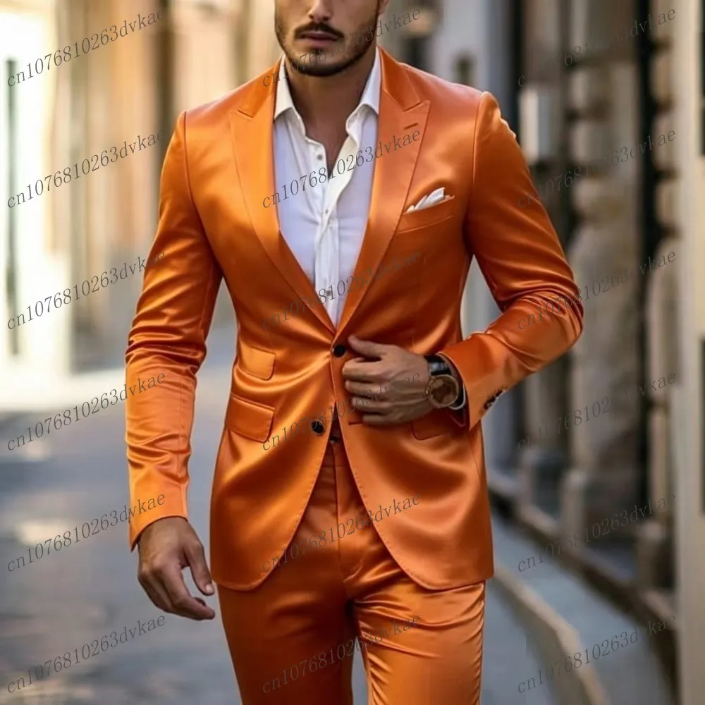 

New Orange Acetate Satin Men Suit Party Prom Special Business Groom Groomsman Wedding Male Tuxedos 2 Piece Set Blazer Pants