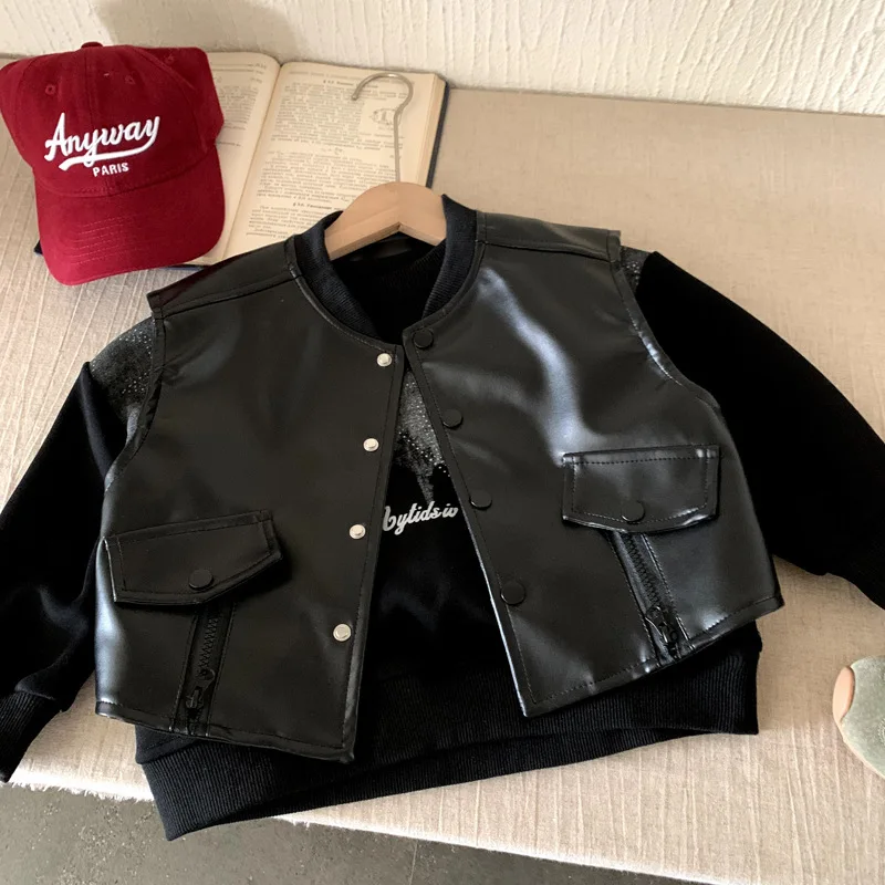 

Boys Vest 2025 Spring Autumn New Arrival Trendy Fashion Childrens Clothes Retro Black Leather Vest Zipper Jacket