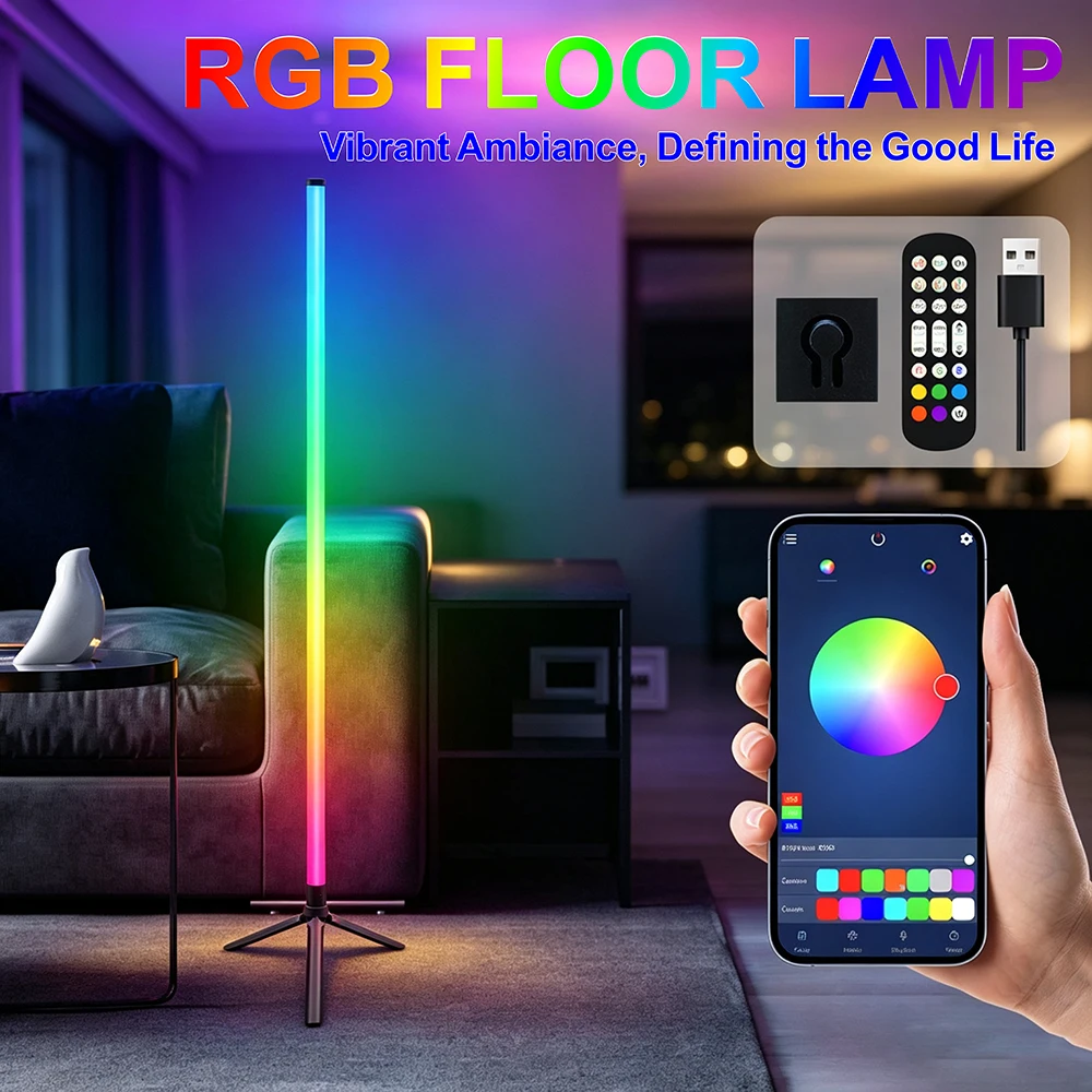 Floor Lamp 5V USB RGB Smart LED APP Remote Control Music Sync Atmosphere Corner Light for Bedroom Gaming Room Living Room Decor