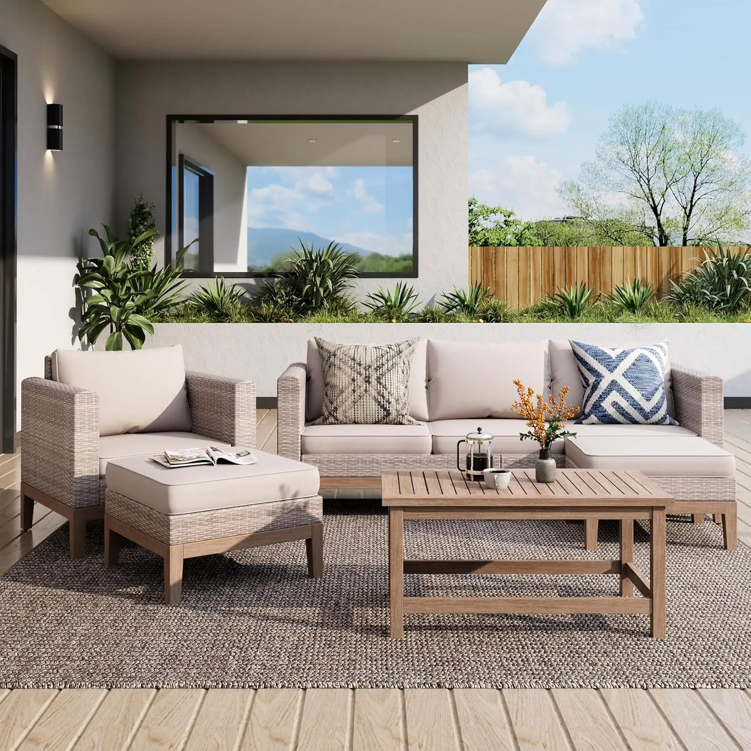

Weather Wicker Patio Furniture Sets, 5 Pieces Outdoor Natural Rattan Sectional Sofa Conversation Set with Acacia Wood