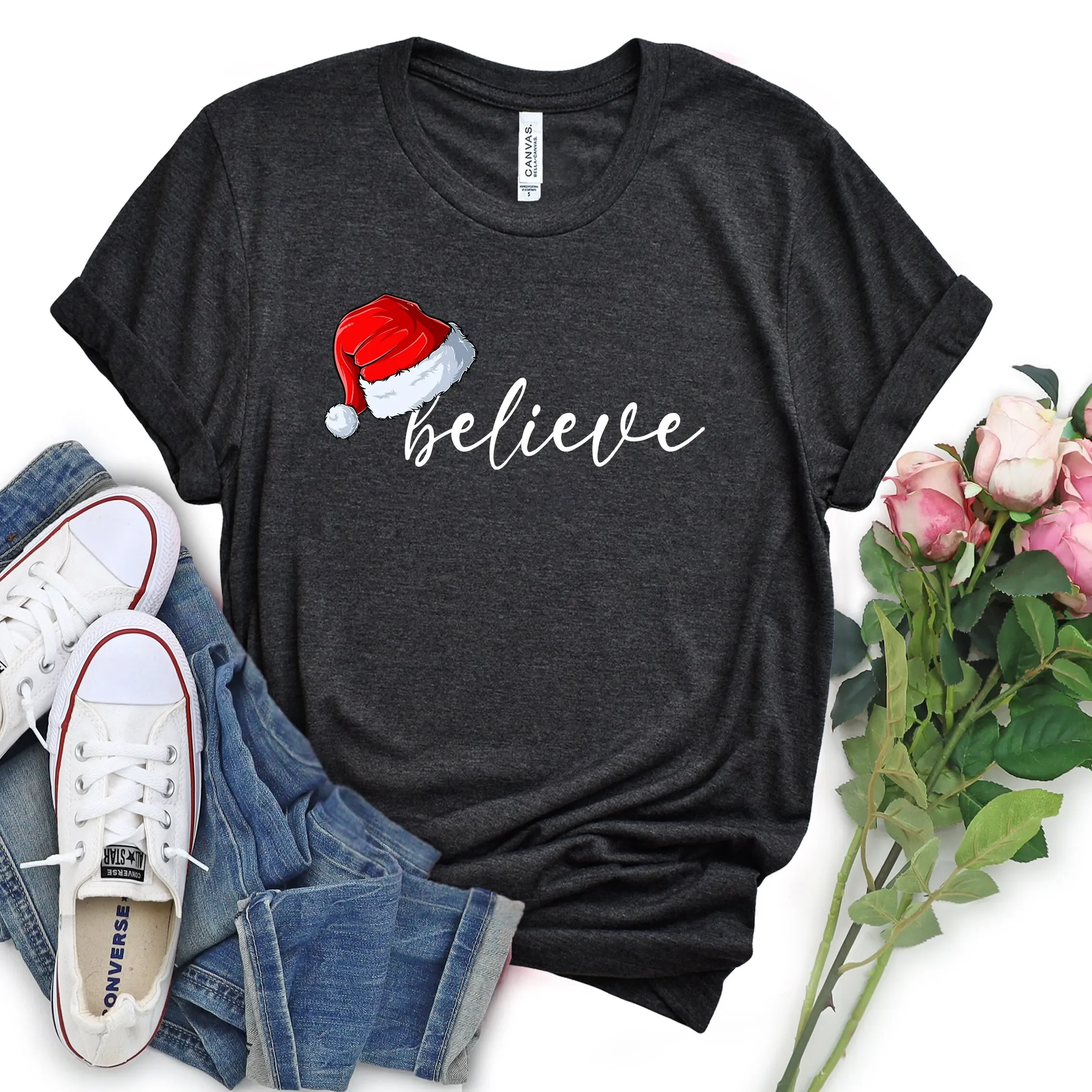 Believe T Shirt Christian Religion Merry Christmas Santa PJM Family Xmas