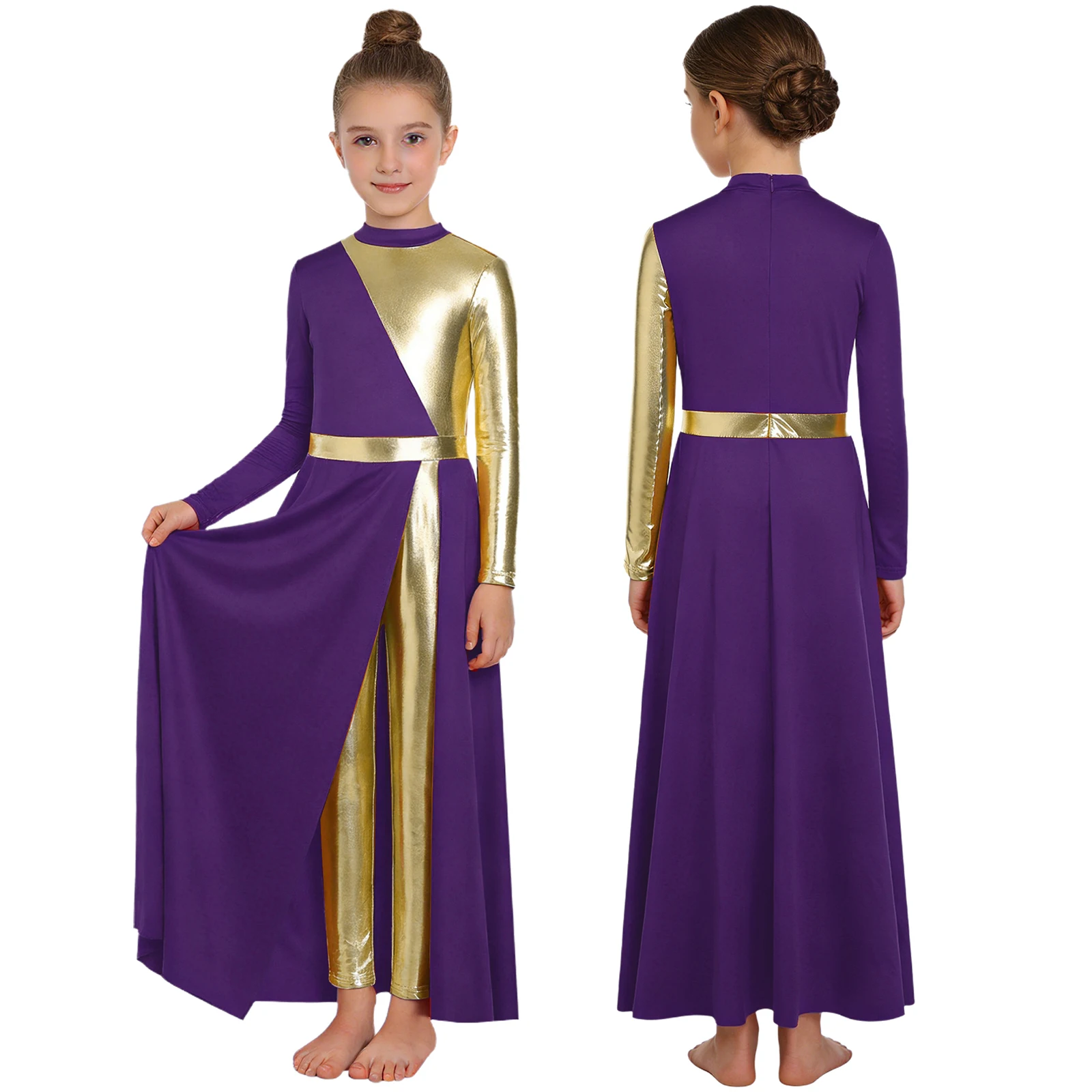 

Kids Girls Lyrical Dance Worship Liturgical Jumpsuits Performance Dress Costume Long Sleeve Zip Romper Ballet Praise Dance Robe