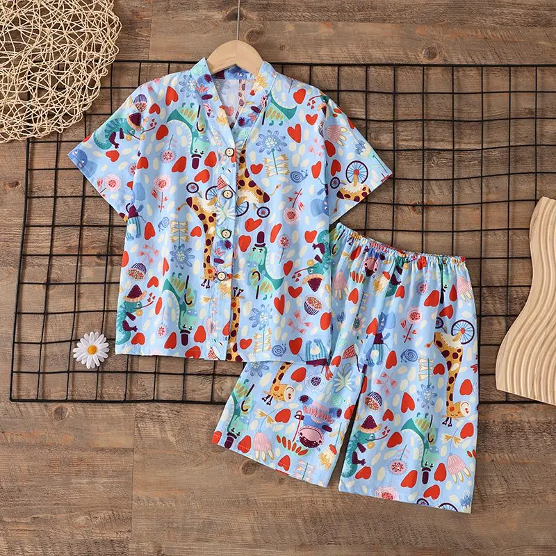 Summer Kids Cotton Silk Pajamas Set Short Sleeve Lightweight Air Conditioning Loungewear for Boys and Girls