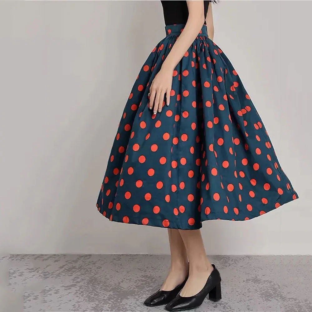 Women Vintage Polka Dot Midi Skirt High Waist A-Line Flared Swing Skirt Casual Elegant Retro Party Office Lady Skirts Streetwear