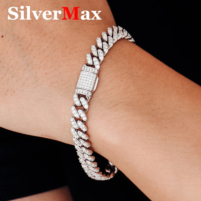 SilverMax Full Moissanite Cuban Chain For Women Men Original 925 Sterling Silver Plated 18k White Gold Bracelet Necklace HipHop