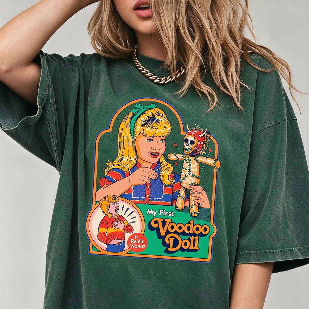 My First Voodoo Doll Retro Cartoon Print T-shirt Vintage Wash Oversized Unisex Gothic Halloween Streetwear Tee Casual Tops
