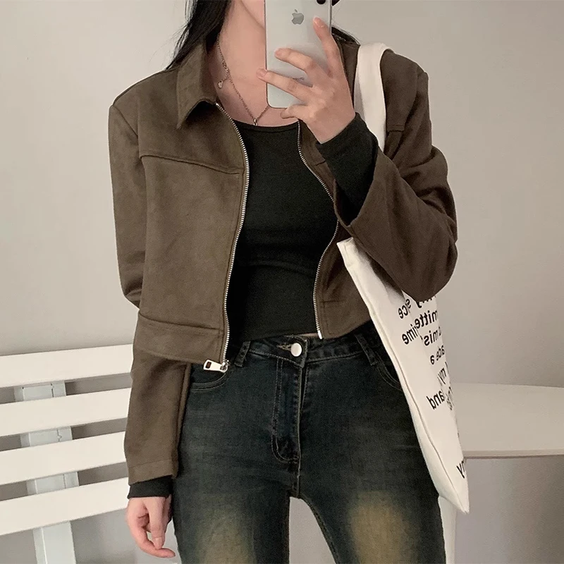 Chic Autumnal Retro Versatile Long Sve Faux Suede Loose Fit Jaet ort Outerwear for Women Commute Sle Zipper Closure