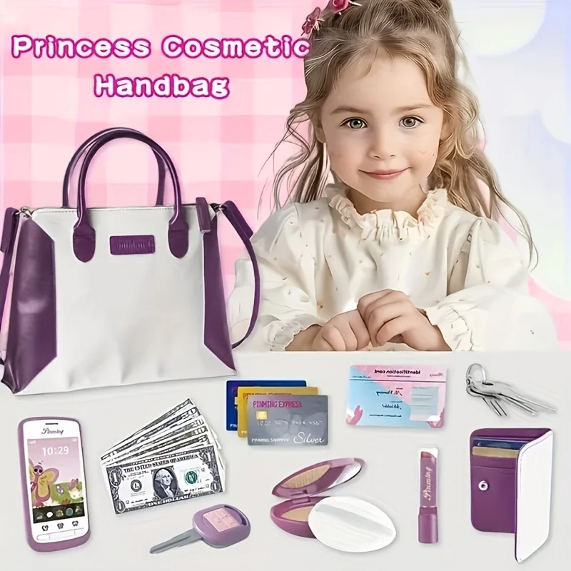 역할극 메이크업이 포함된 공주 화장품 핸드백 - 흰색 및 보라색, 어린이 선물 아이디어