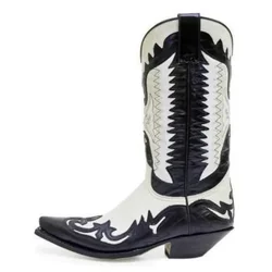 Men's Western Cowboy Boots Males Pointed Toe Outdoor Mid-calf Handmade Retro Shoes Black White Boots for Men Zapatos De Hombre