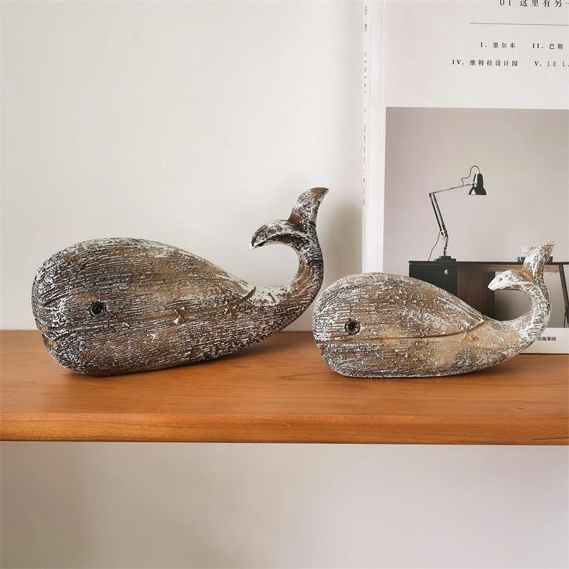 Whale Figurine Coastal Themed Nautical Statue Vintage Mediterranean Sea Wood Whale Dining Room