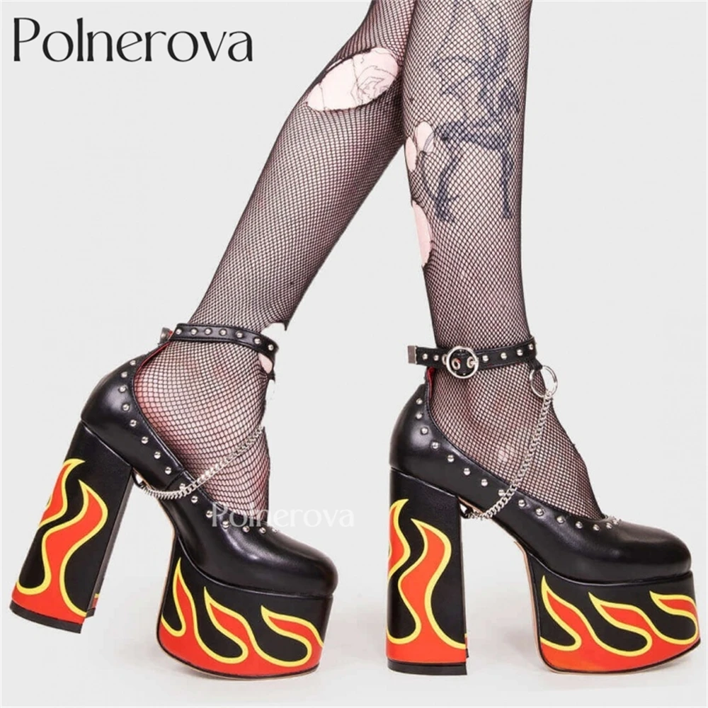 Flame Print Rivet Platform Pump Metal Chain Punk Style Buckle High Heels Custom Color Gothic Shoes for Women Large Size New In