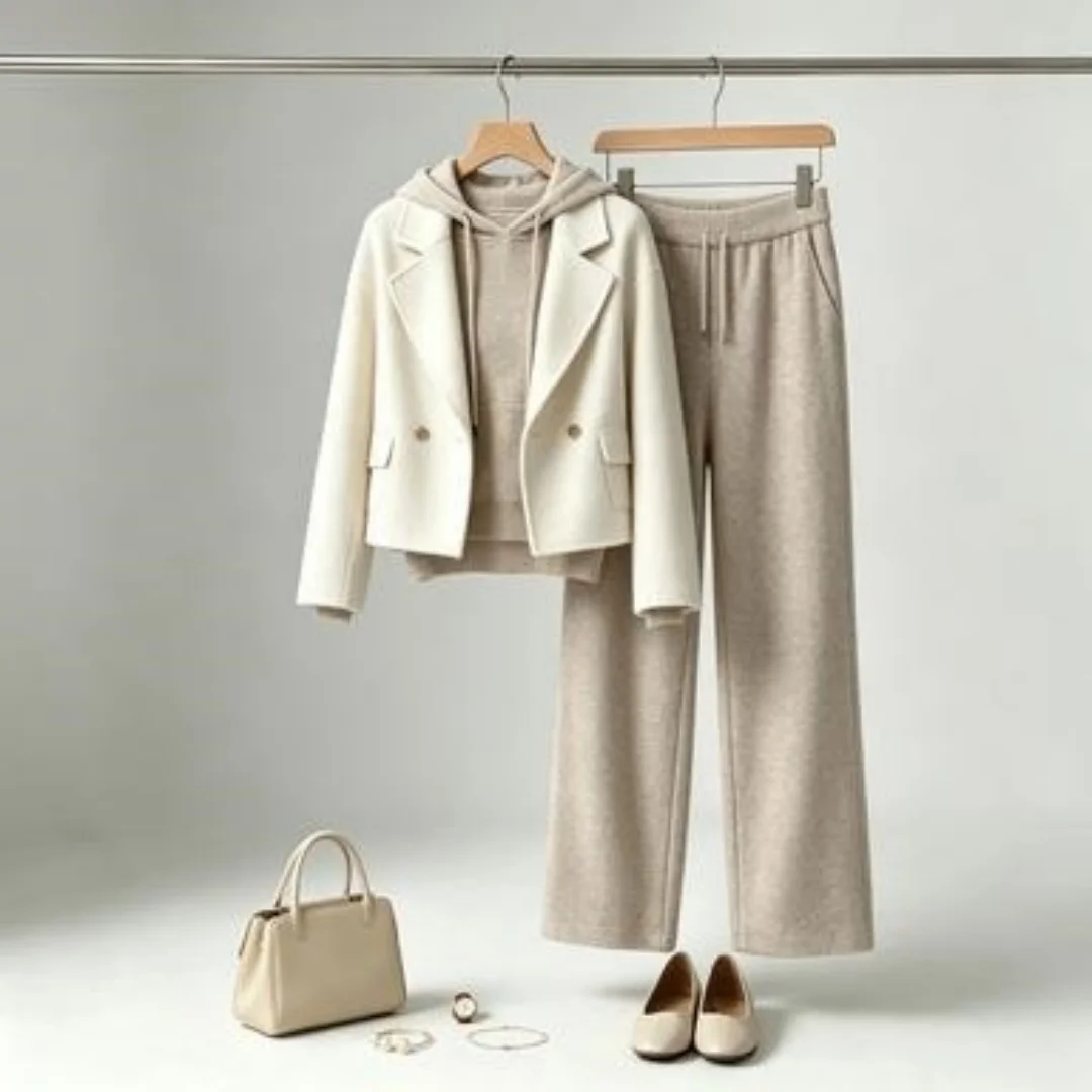 Minimalist Cream White Knit Hoodie Wide Leg Pants Set Soft Loose Two Piece Outfit