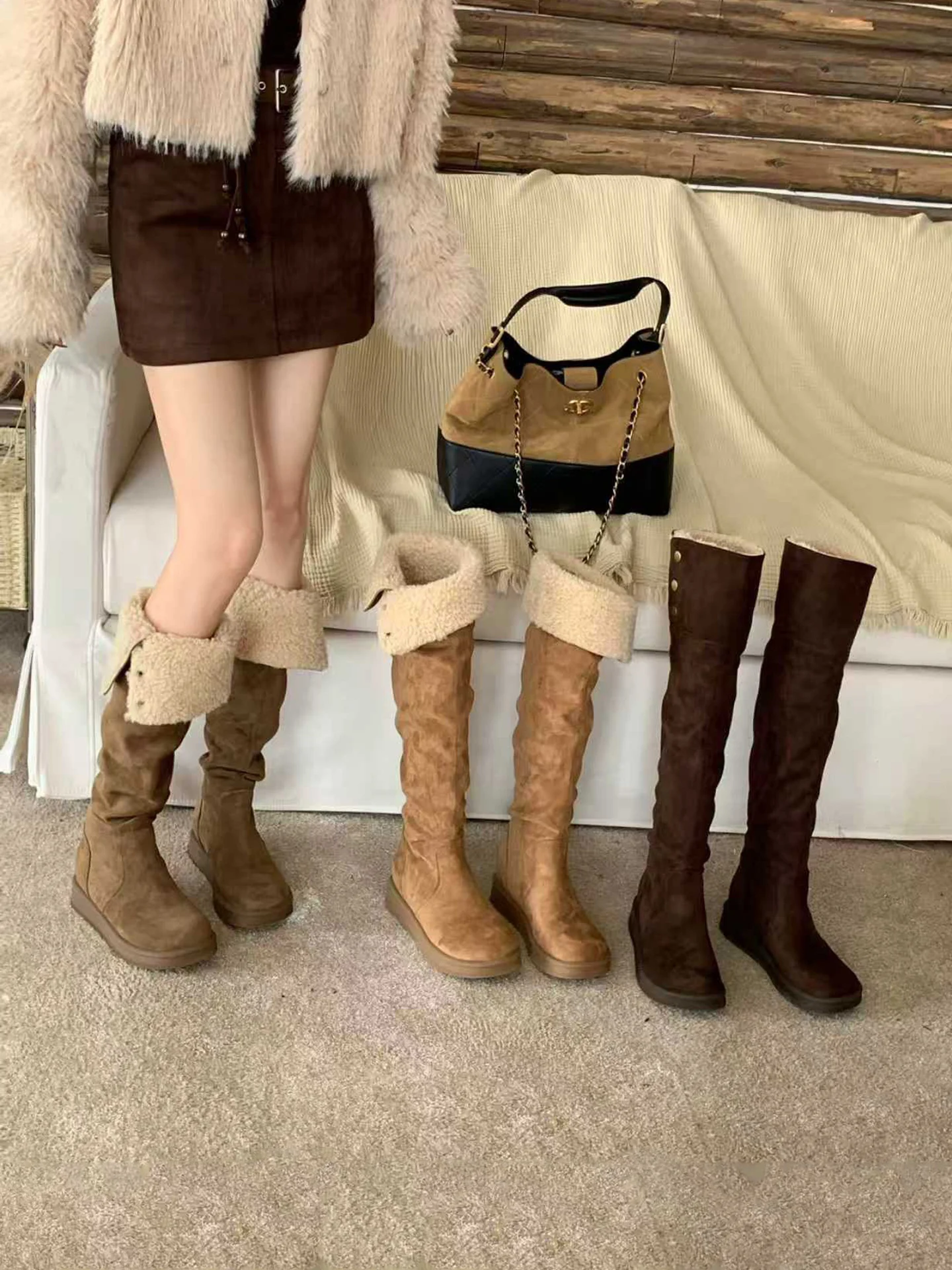 

JIDI Women's Fleece Lined Thick Heel High Tube Knight Boots Winter Leather Fur Integrated Slim Boots Double Wear Long Tube Co...