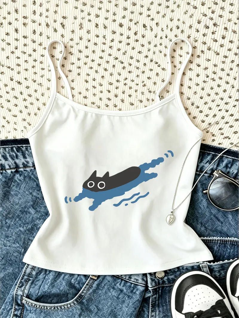 Trendy Swimming Cat Print Camisole Top Retro Cartoon Casual Crop Top Vest 90s 2000s Women'S Tank Top Spring Summer