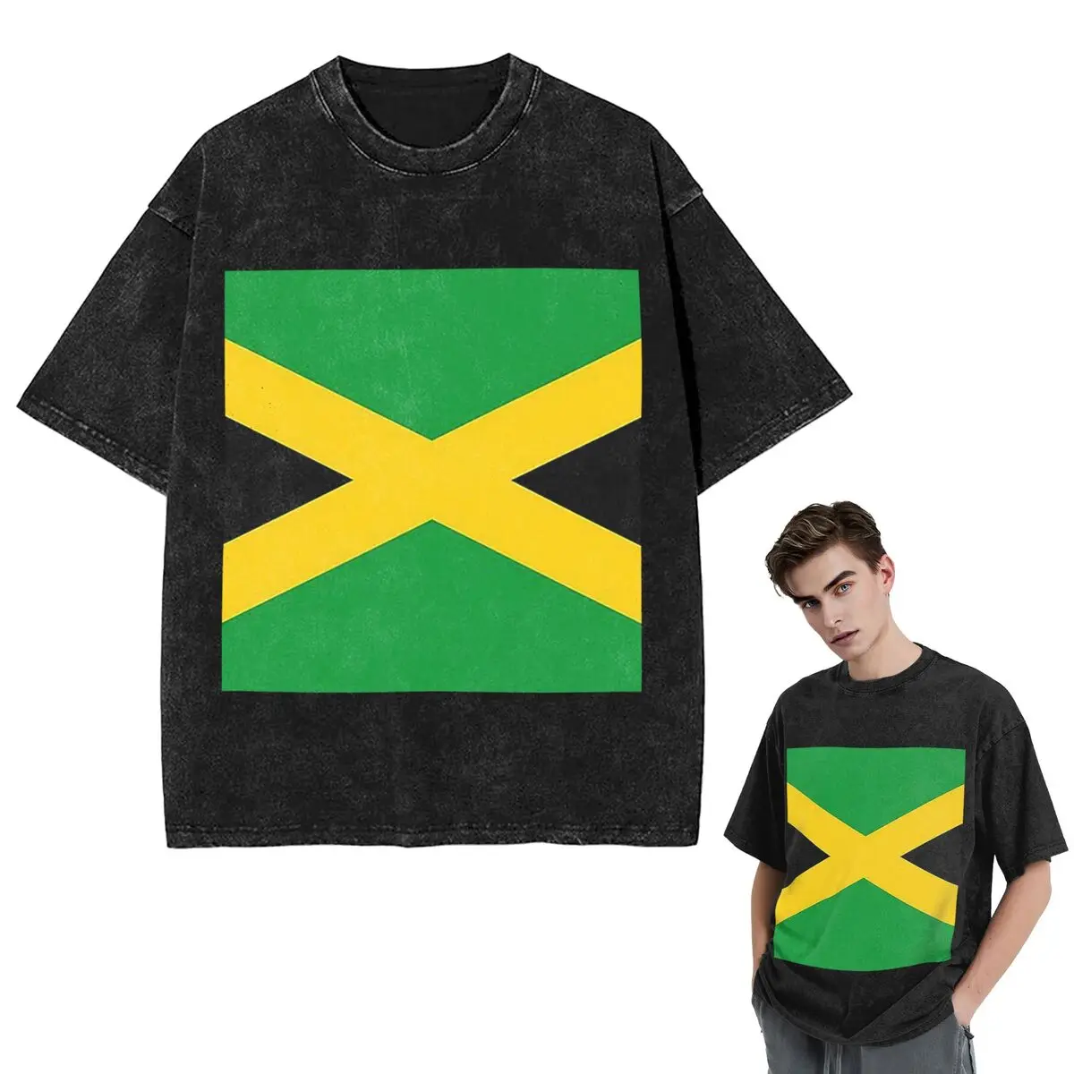 Streetwear T-Shirts Flag Of Jamaica Jamaican Flag Washed T Shirt Short Sleeve Hip Hop T-Shirt Tops Tees for Men Women