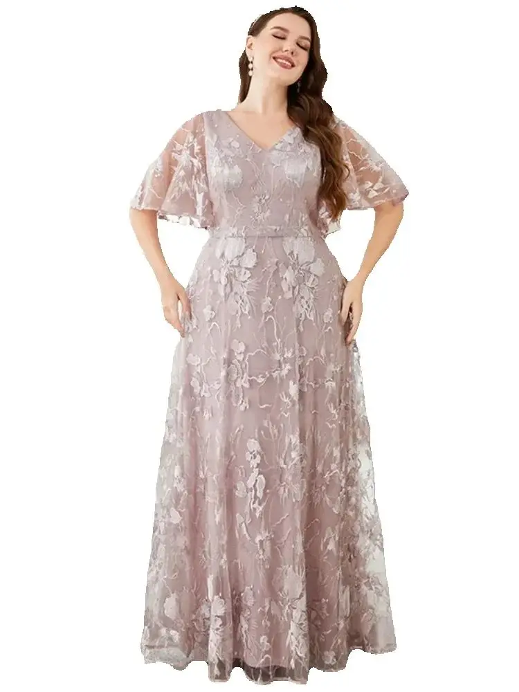 

Vintage Elegant Plus Size V-Neck Lace Embroidered Flared Sleeve Swing Short Sleeve Formal Evening Party Bridesmaid Dress