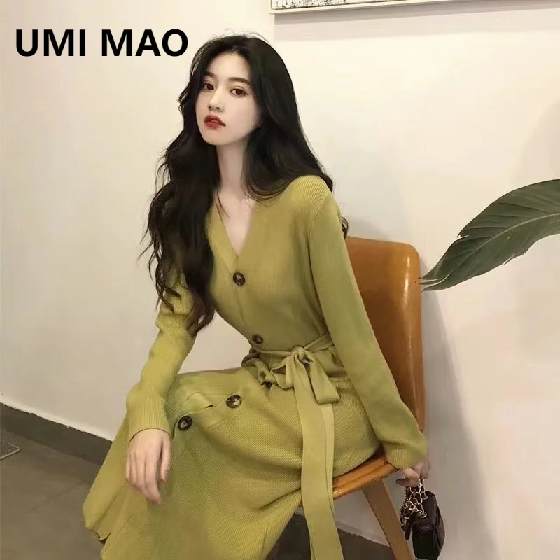 

Облегающее трикотажное платье UMI MAO, элегантная осенне-зимняя одежда, черное облегающее платье-свитер до колена, длинные платья для женщин